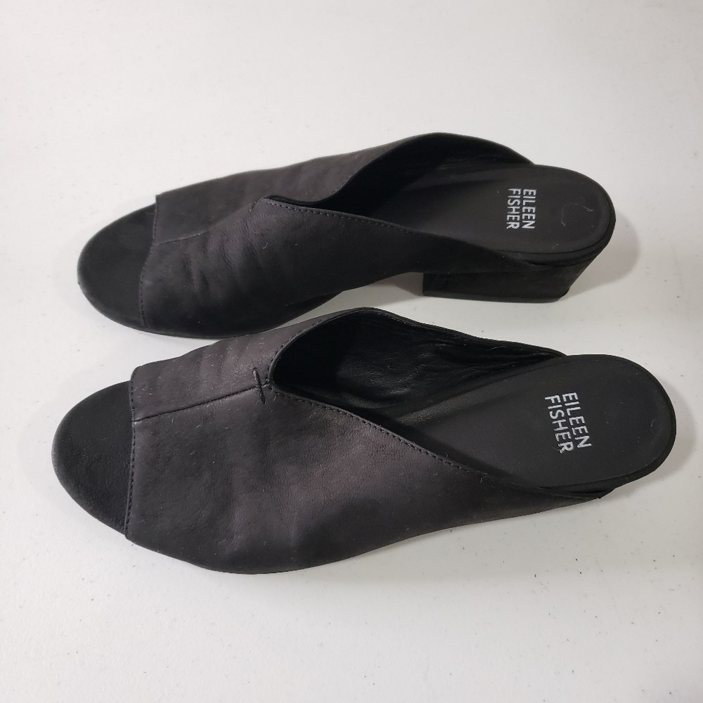 Eileen Fisher Katniss Nubuck Leather Block Heel Mules - Picture 3 of 5